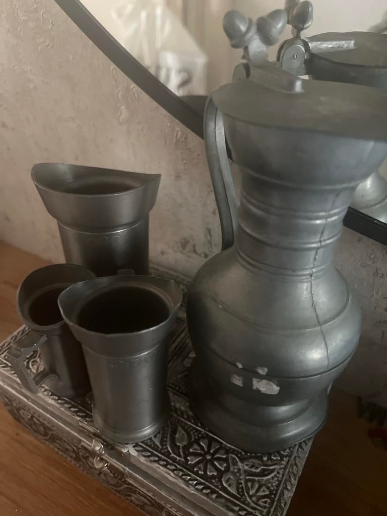 Antieke tinnen kan en bekers - Set van 4, Antiek en Kunst, Antiek | Tin, Ophalen of Verzenden