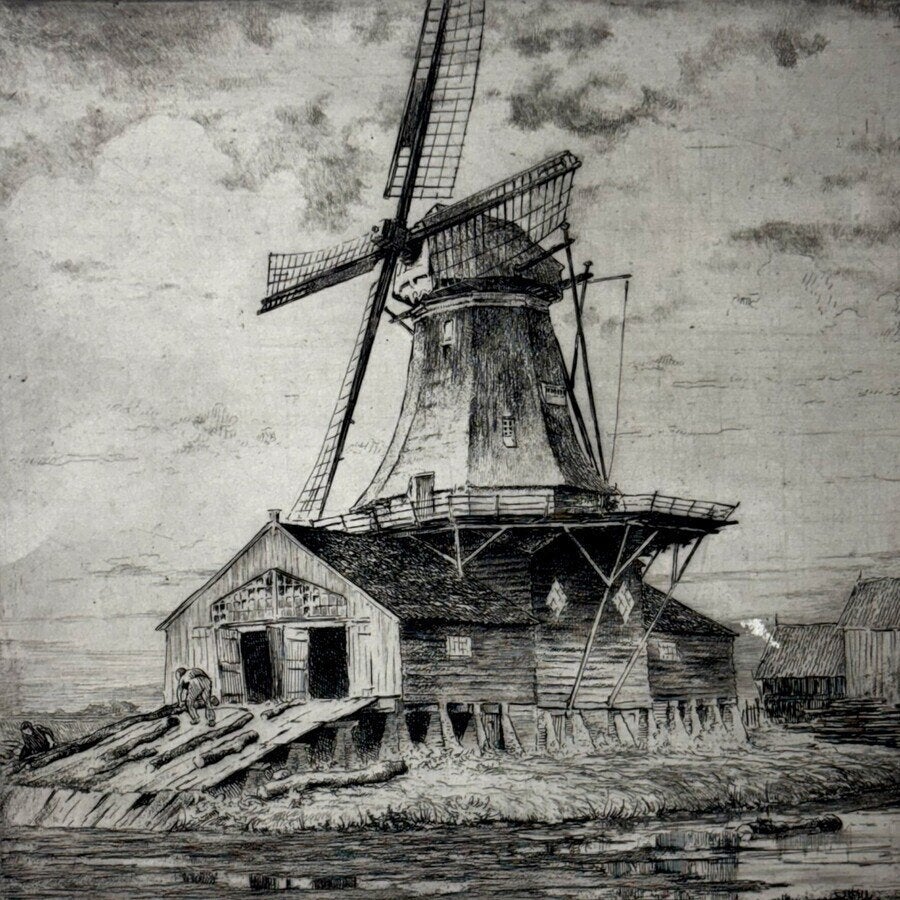 Johan Hemkes (1894-1988) - Houtzaagmolen Heerenveen, Ophalen of Verzenden, Landschap, Ets, Gesigneerd