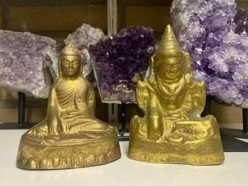 Set 2 vergulde bronzen Boeddha’s uit Myanmar, Ophalen of Verzenden, Gebruikt, Beeld(je), Boeddhisme