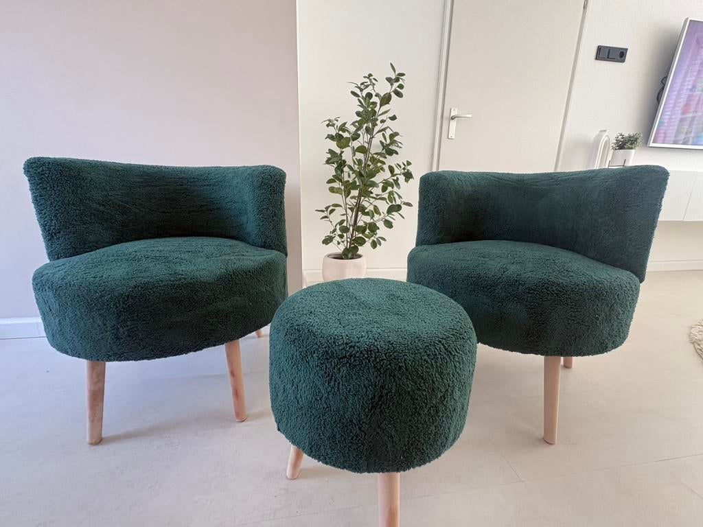 Teddy fauteuil met poef - Donkergroen, Huis en Inrichting, Fauteuils, Ophalen, Nieuw, 50 tot 75 cm