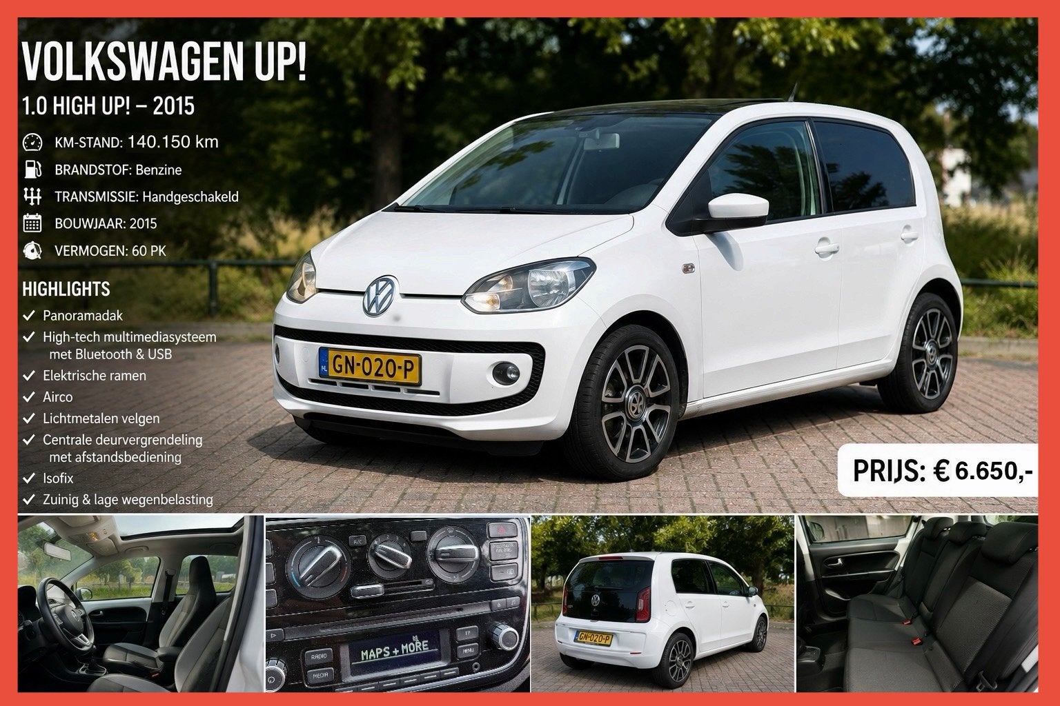 Volkswagen 🆙 High Up! 2015 | Panoramadak  | DIRECT RIJDEN, Auto's, Voorwielaandrijving, Up!, 840 kg, 4 stoelen