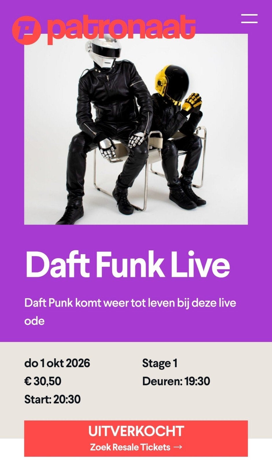 2 tickets "Daft Punk Live" Patronaat donderd 1 okt, Drie personen of meer, Maart