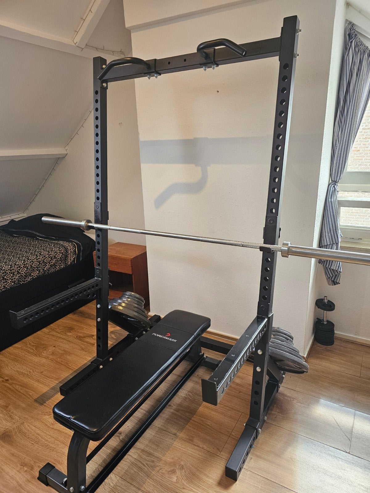 Squatrek, bankdruk en gewichten, zo goed als nieuw!, Sport en Fitness, Ophalen, Zo goed als nieuw, Fitnessbank