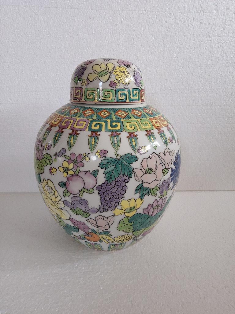 Chinese pot met deksel geel groen roze H 25 cm, Ophalen of Verzenden, Nieuw, Meerkleurig, Steen/keramiek
