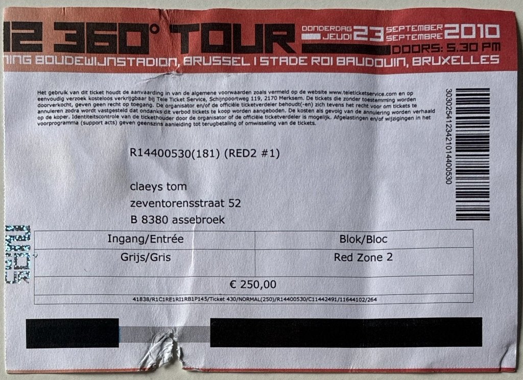 U2 - 360 Tour 2010 ticket, Ophalen of Verzenden, Gebruikt, Foto of Kaart