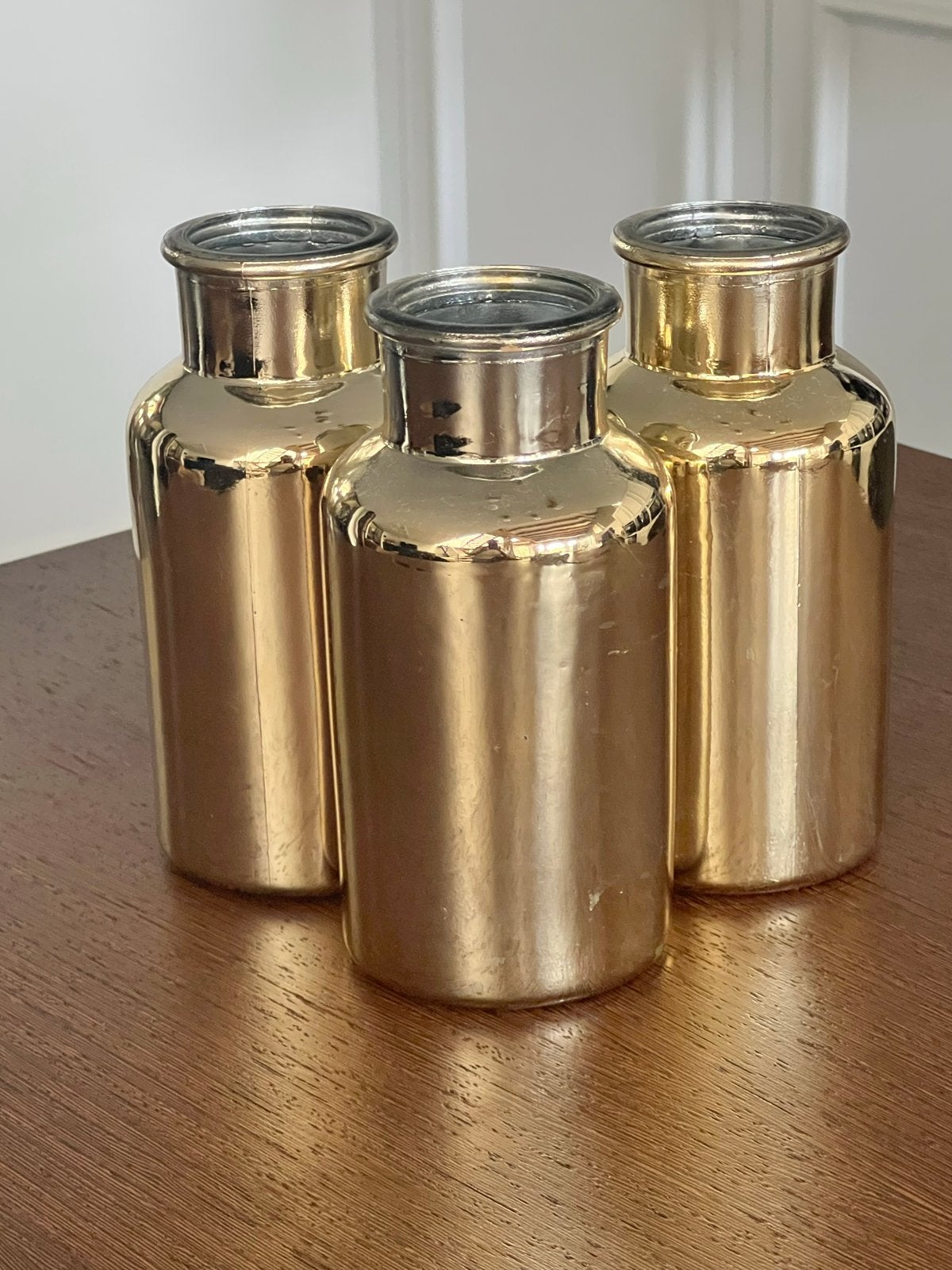 Set van 3 gouden glazen vaasjes / flesjes, Huis en Inrichting, Woonaccessoires | Vazen, Ophalen, 16 cm, Geschikt voor droogbloemen