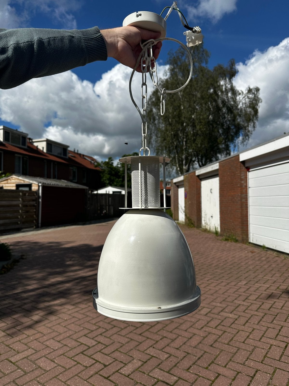 Industriële Witte Stalen Hanglamp - 25x38H, Ophalen of Verzenden, Gebruikt, Metaal