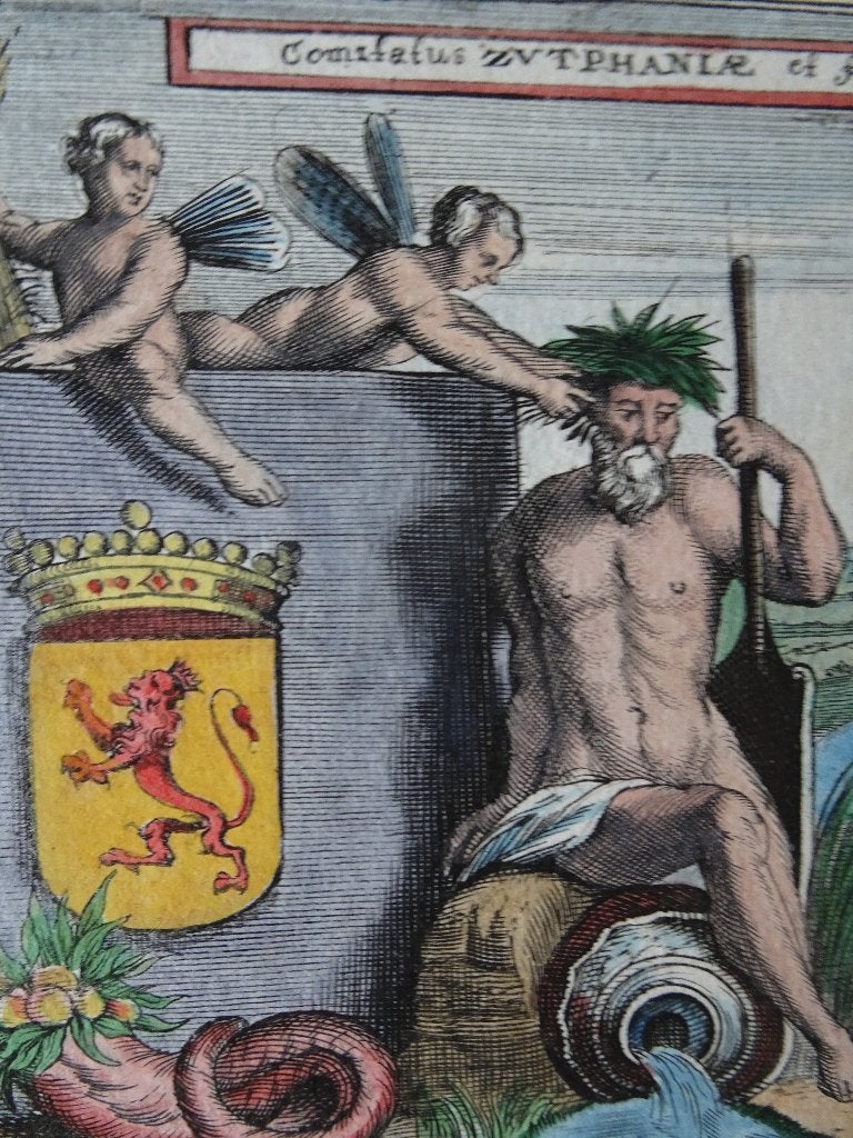 etskleur gravure allegorisch Zutphen, Doesburg Bouttats 1674, Cartografie, Gravure, Origineel, 1600 - 1699