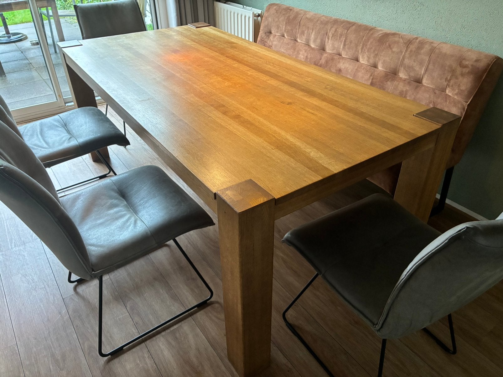 Massief eiken eettafel, Ophalen, 50 tot 100 cm, Zo goed als nieuw, 150 tot 200 cm