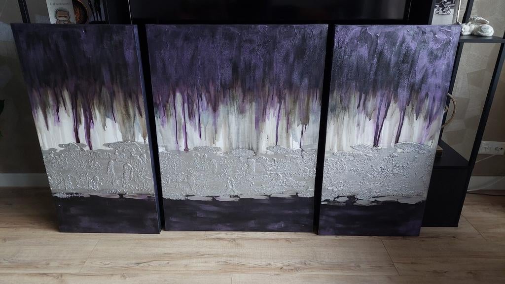 Drieluik schilderij paars, zwart, zilver, Antiek en Kunst, Kunst | Schilderijen | Abstract, Ophalen of Verzenden