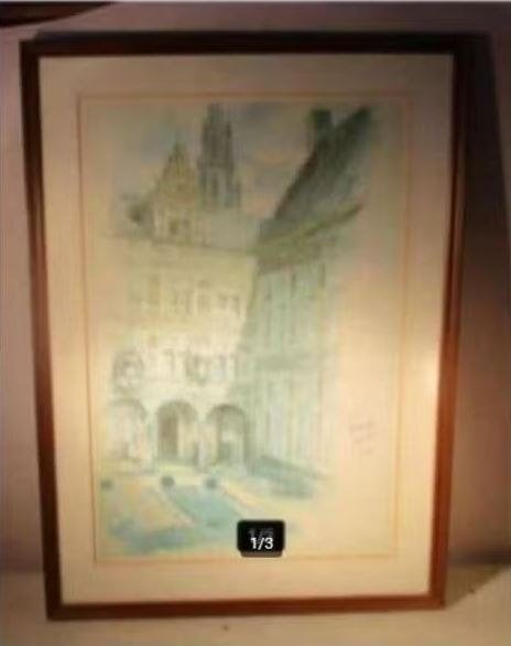 Mooi Oud Aquarel 'Achter de Kathedraal' - 1916, Antiek en Kunst, Ophalen of Verzenden, Gedateerd, Aquarel, Papier