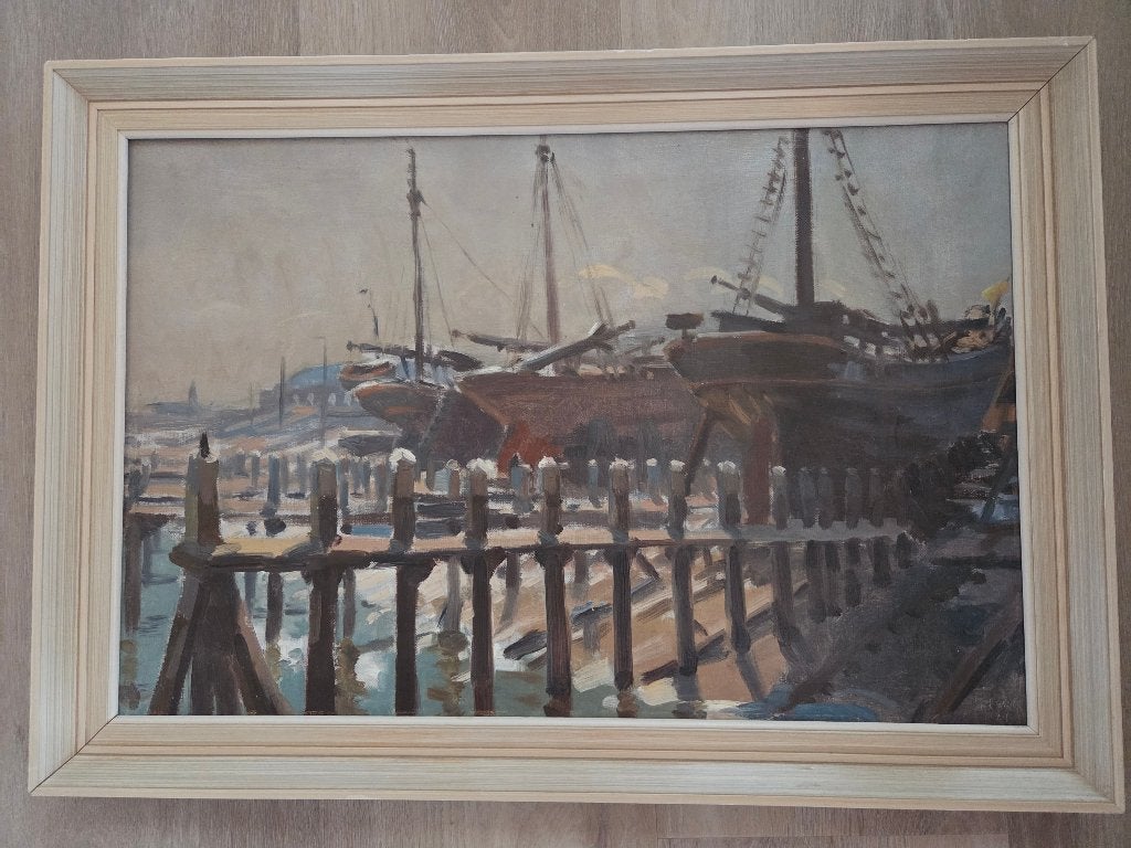 olieverf schilderij Job Heinrich Frese uit ca.1964 schepen, Ophalen, Doek, Impressionistisch, Olieverf