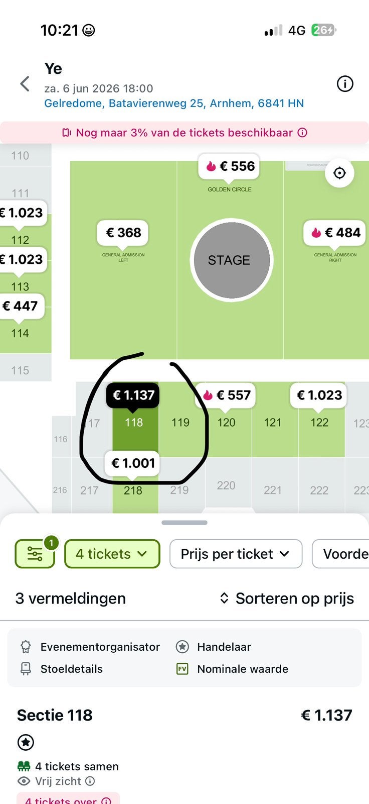 YE Arnhem 2026 – 4 tickets vak 118 – Per 2 of 4, Tickets en Kaartjes, Drie personen of meer, Juni