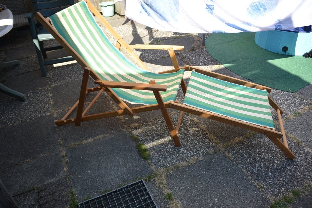 Vintage ligstoel strand stoel 1970, Tuin en Terras, Ophalen, Gebruikt, Hout, Verstelbaar
