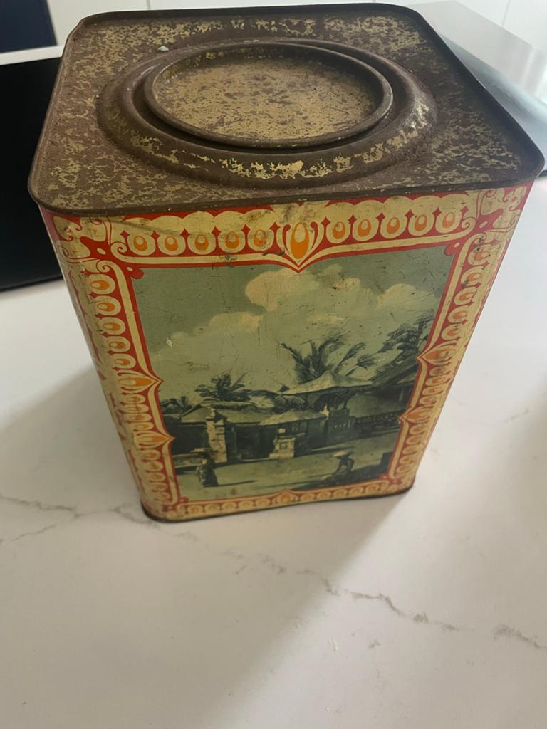Vintage blikken trommel met Indische taferelen, Ophalen, Gebruikt, Overige, Overige merken