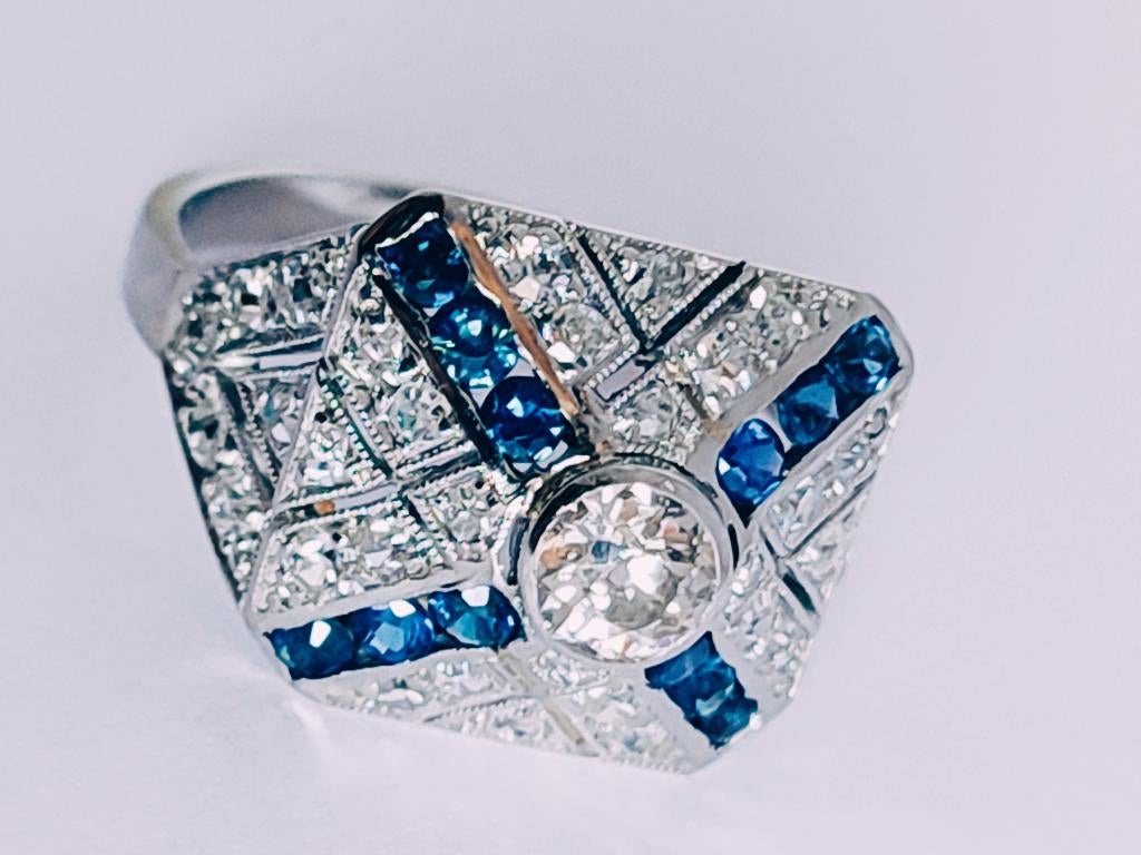 Platinum ring met saffieren en diamanten, Belle Epoque, Sieraden, Tassen en Uiterlijk, Antieke sieraden, Ophalen of Verzenden