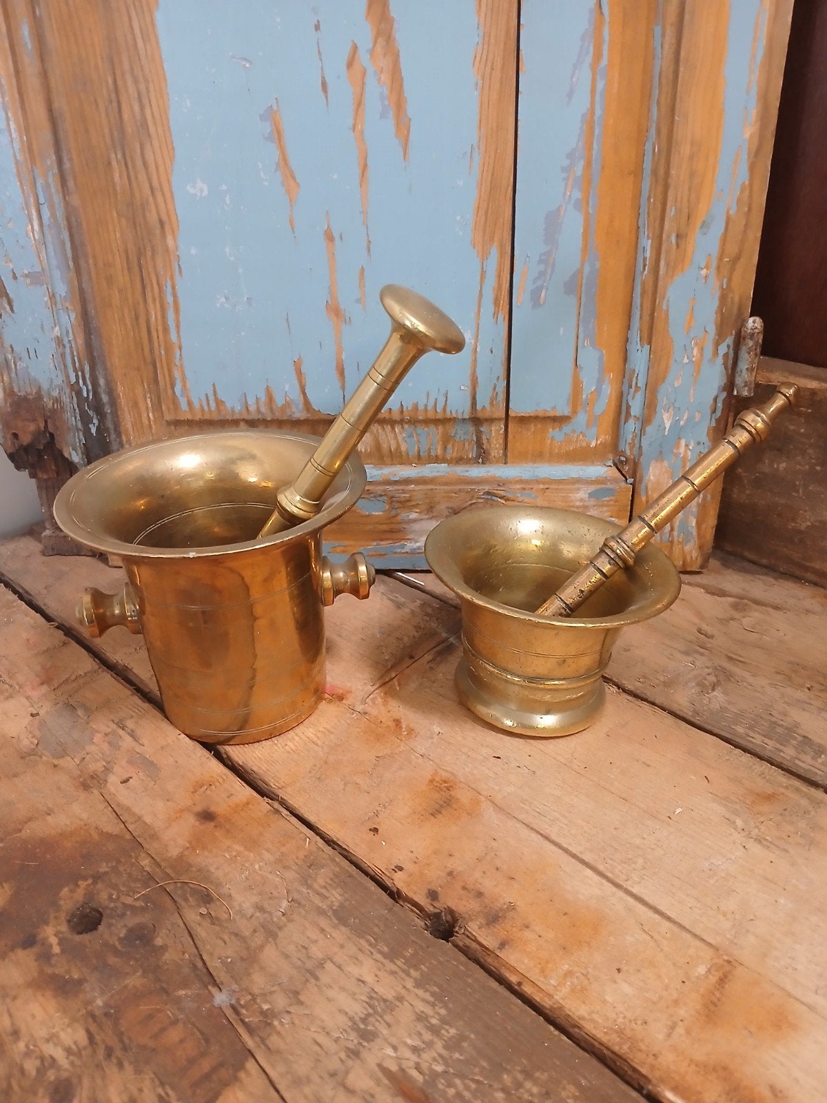 Antieke Messing Vijzels met Stampers - Set van 2, Antiek en Kunst, Antiek | Koper en Brons, Ophalen, Koper