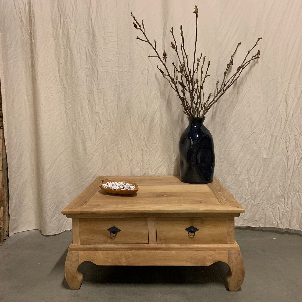 Opium salontafel - teak - 90 x 90 cm - 2 lades - TTM Wonen, TTM Wonen, Meubels – (Perzische) Tapijten en Woonaccessoires, 50 tot 100 cm