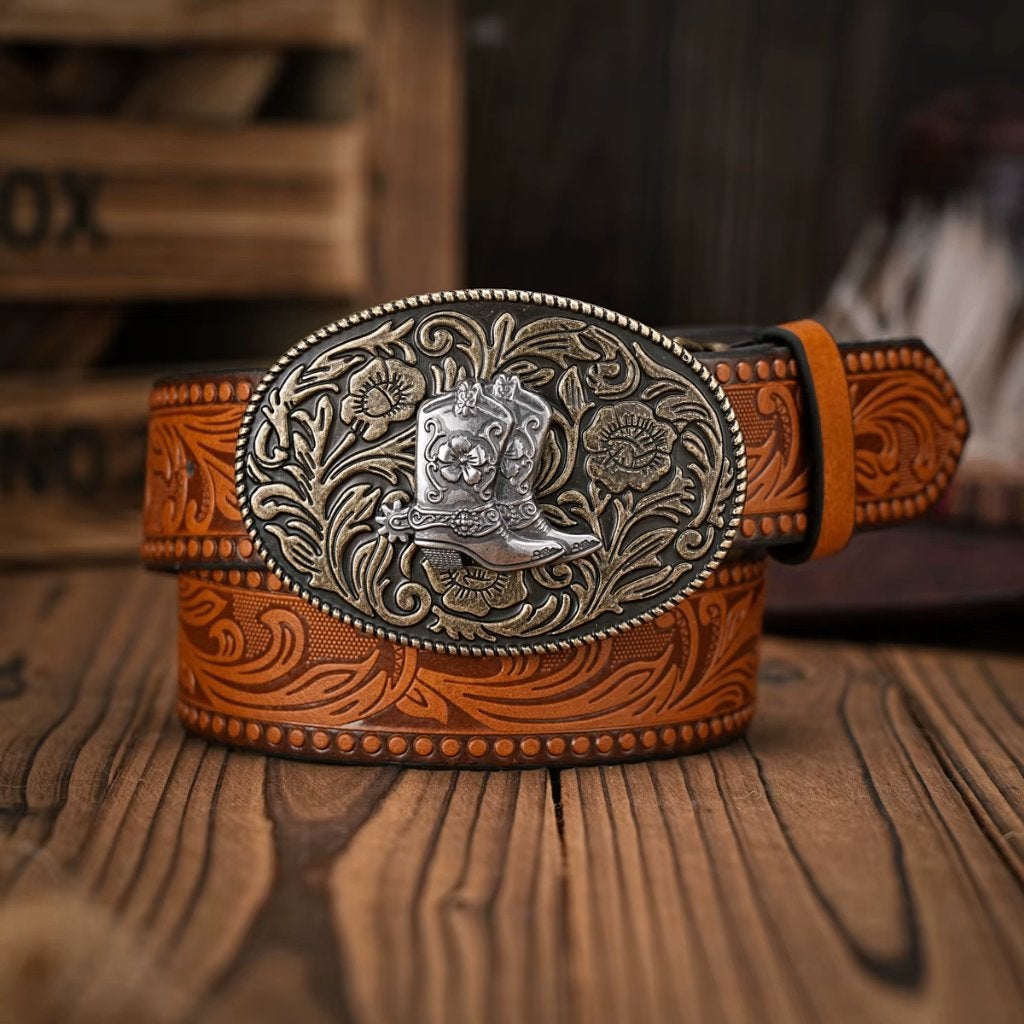 Cognac bruine kunstleren cowboyriem met cowboy laarzen, Bruin, Verzenden, Nieuw, 115 cm of meer