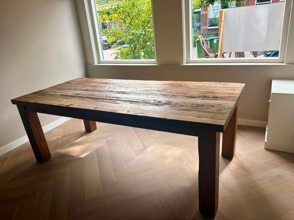 Teak houten eettafel 220 x 100 cm, Ophalen, Gebruikt, 100 tot 150 cm, Teakhout