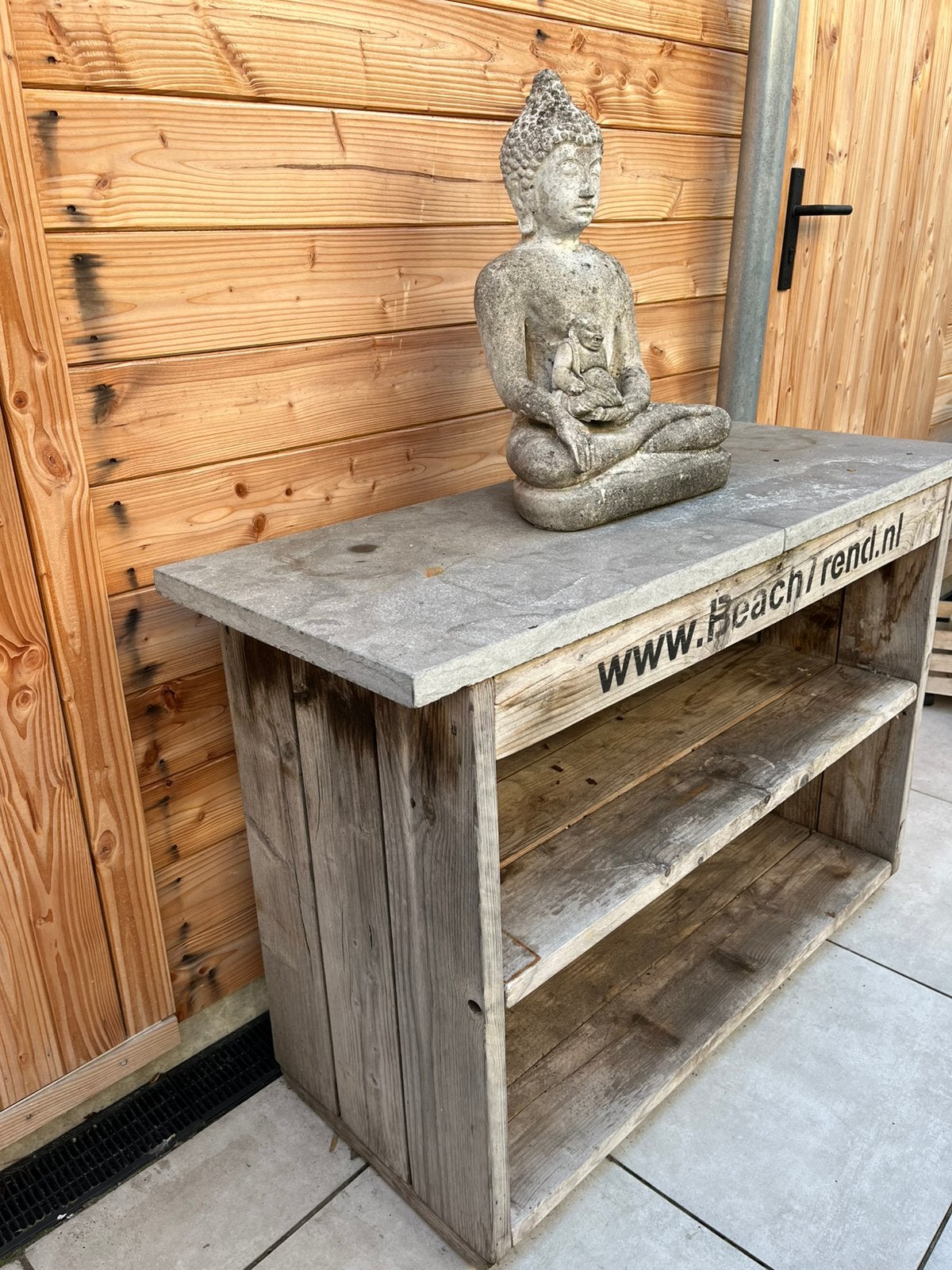 Steigerhouten tuin sidetable met stenen blad, Tuin en Terras, Ophalen, Gebruikt, Hout, Overige typen