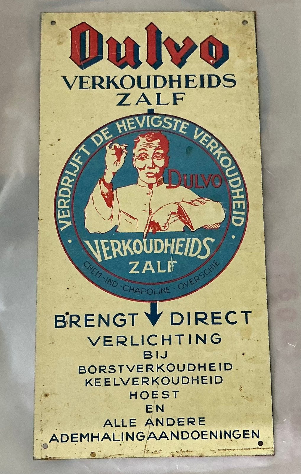 Oud reklame bordje verkoudheids zalf, Verzamelen, Merken en Reclamevoorwerpen, Ophalen of Verzenden, Gebruikt, Reclamebord