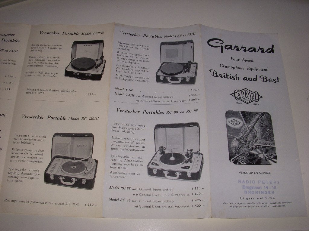 Reclamefolder ' Garrard ' Britse platenspelers mei 1958, Gelezen, Folder, Ophalen of Verzenden, Garrard platenspelers mei 1958