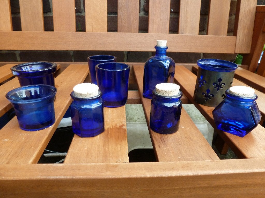 Set van 9 kobaltblauwe glazen potjes en flesjes, Ophalen of Verzenden