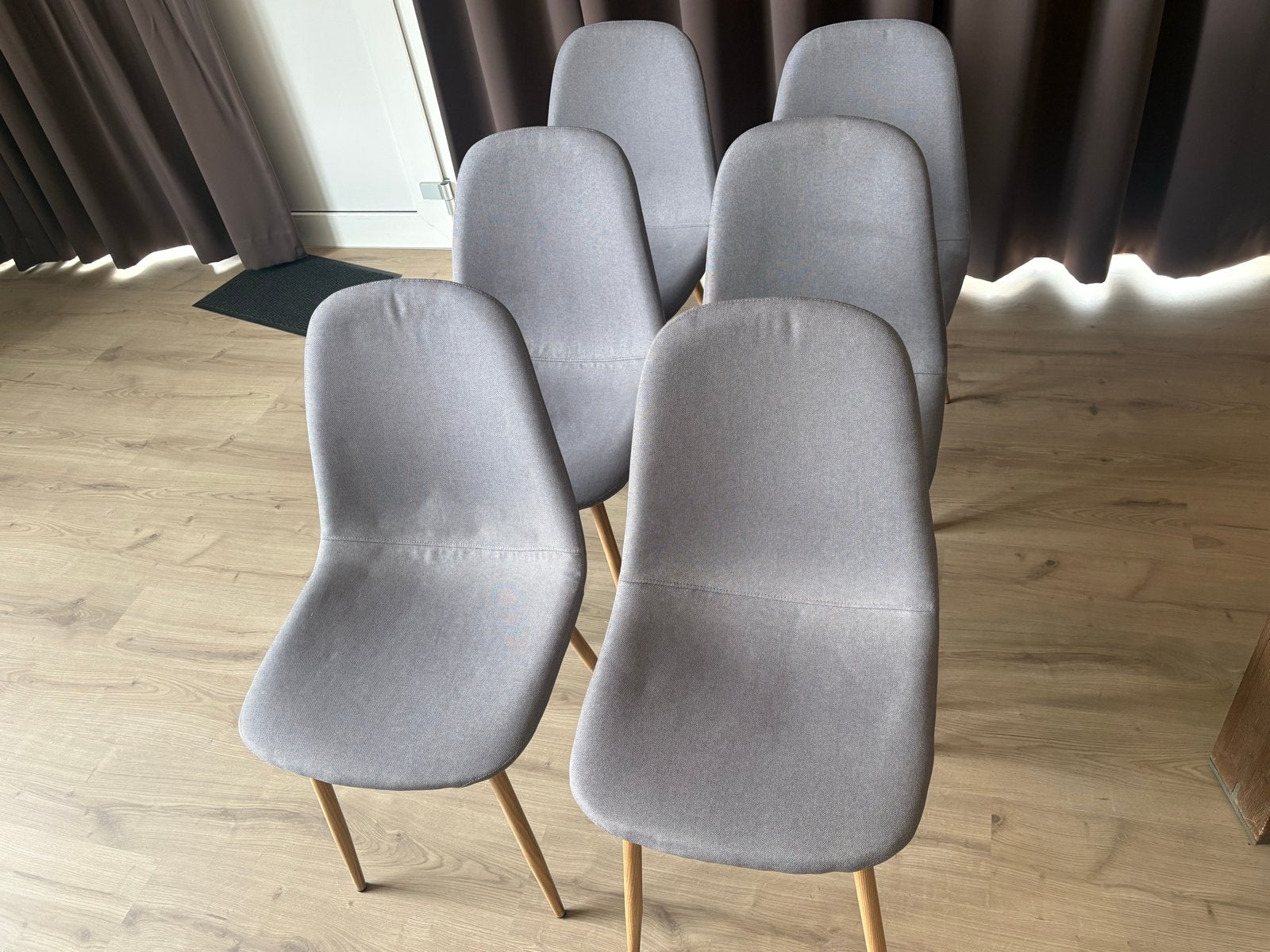 6 nette antraciet eetkamerstoelen van Jysk, Ophalen, Gebruikt, Vijf, Zes of meer stoelen, Stof