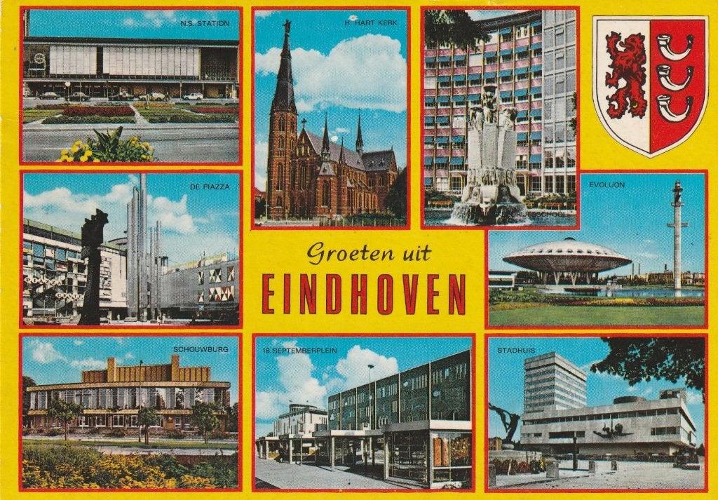 EINDHOVEN Station Piazza Schouwburg Kerk Bijenkorf Groeten, Verzamelen, Verzenden, 1960 tot 1980, Gelopen, Noord-Brabant