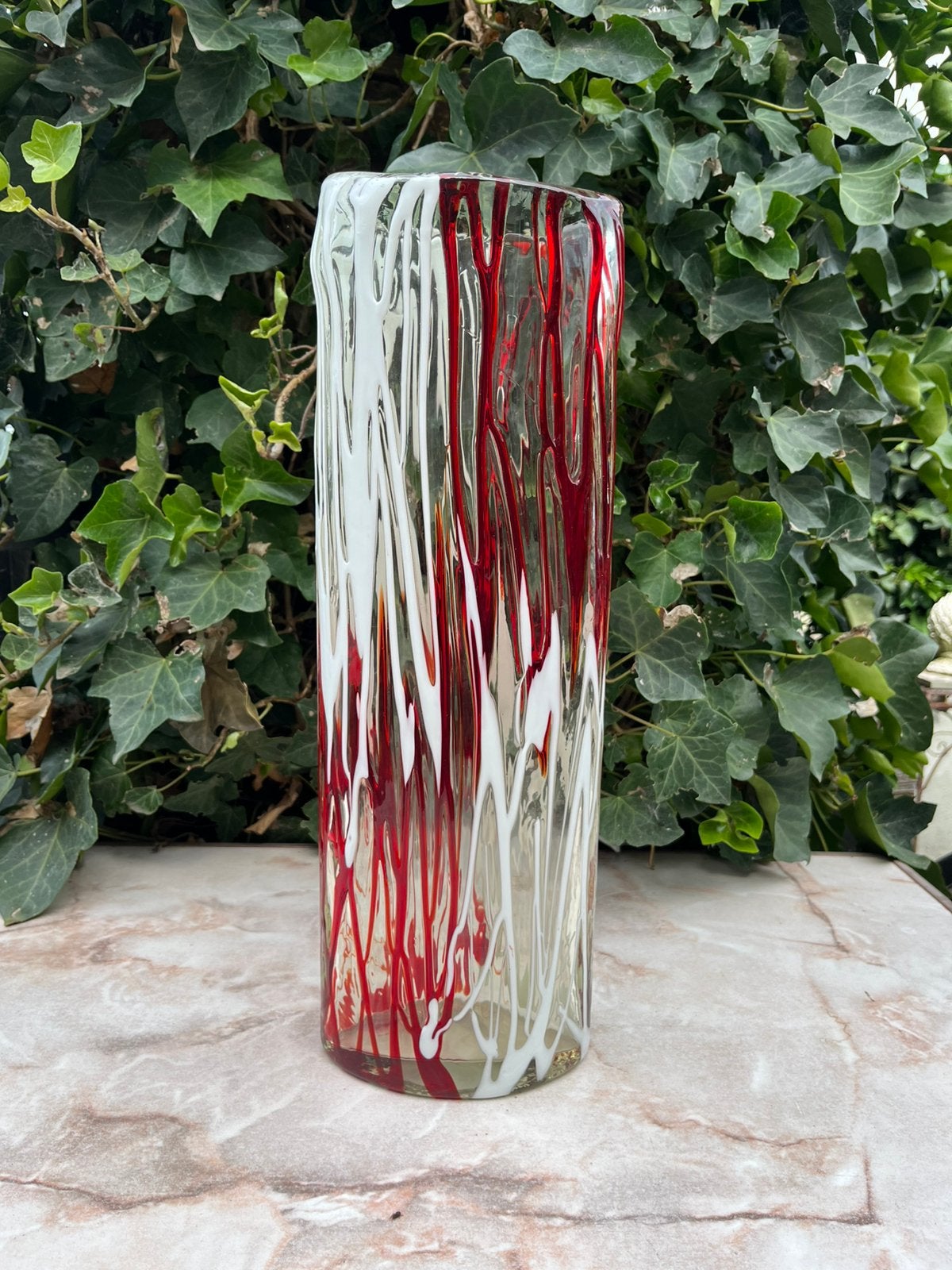 Vintage Murano glazen rood met witte druip glas style vaas, Ophalen of Verzenden