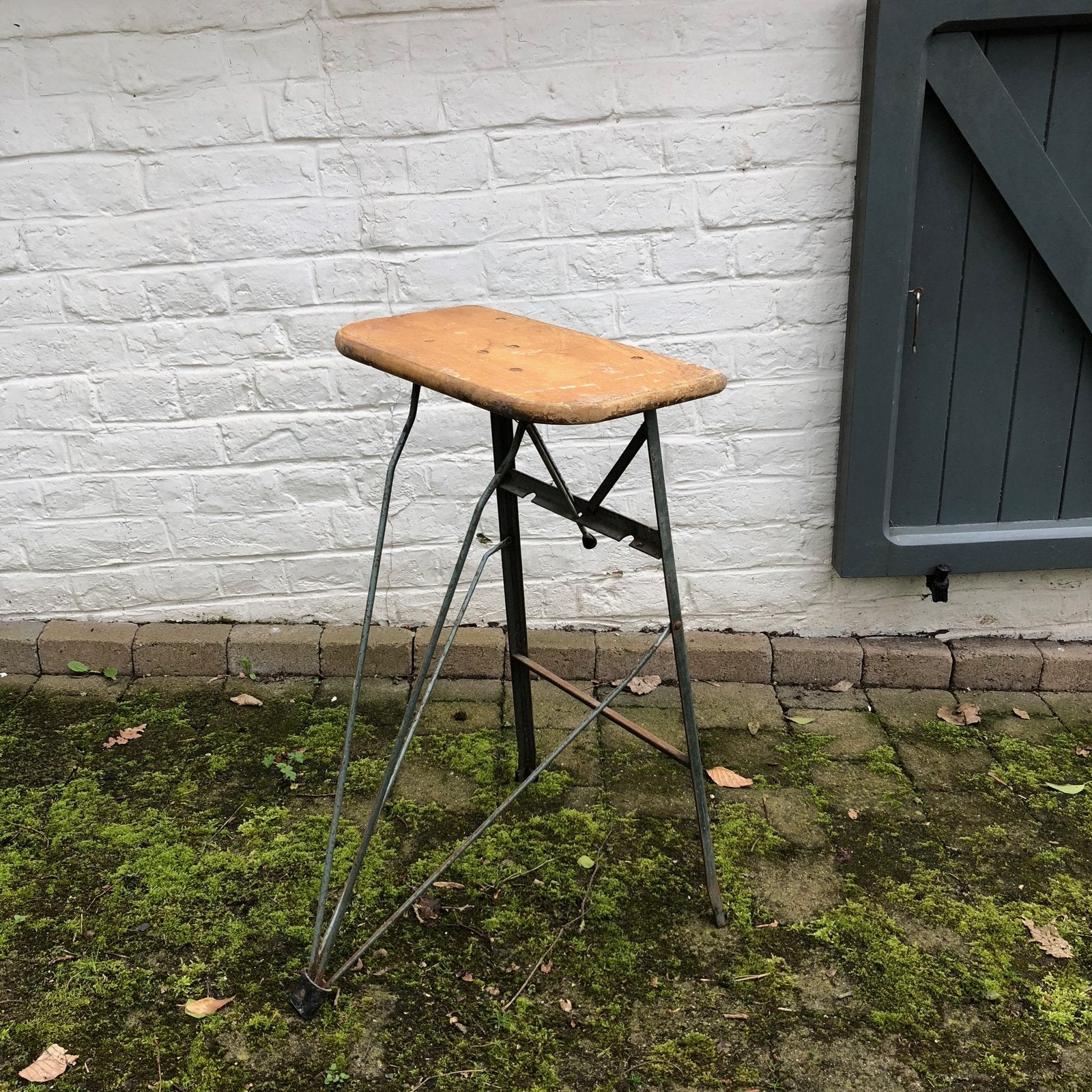 Vintage industriele kruk, Ophalen, Gebruikt, Hout
