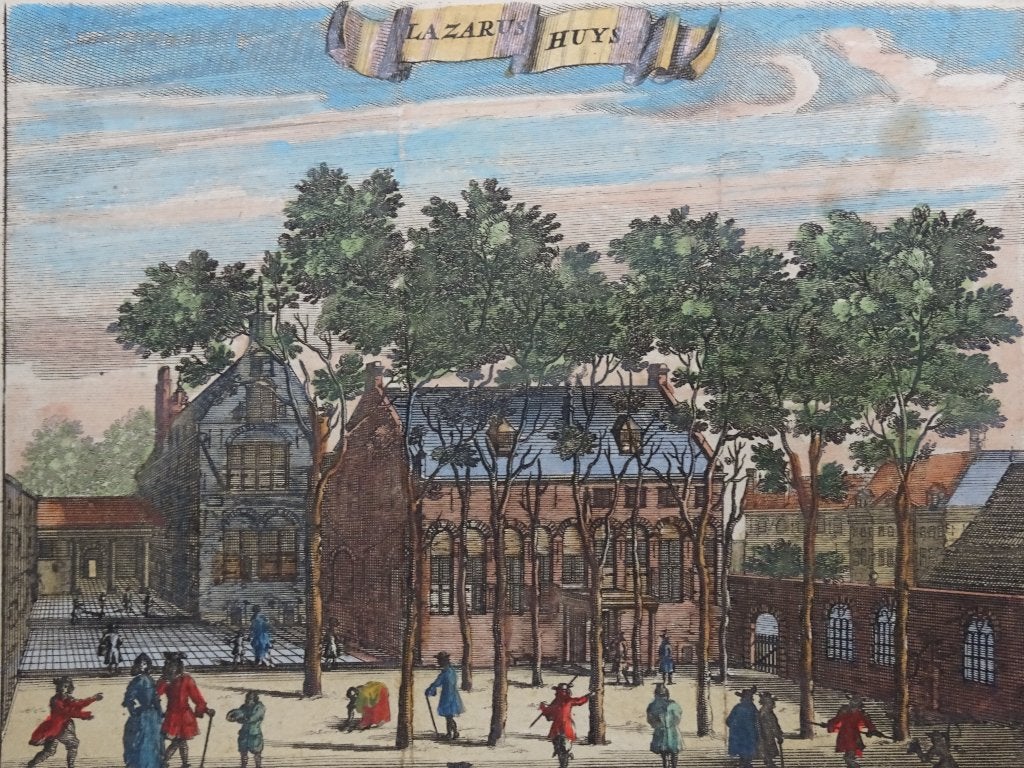 gravure kleur Lazarushuis Amsterdam, n. Caspar Commelin 1726, Verzenden, Stadsgezicht, Gravure, Origineel