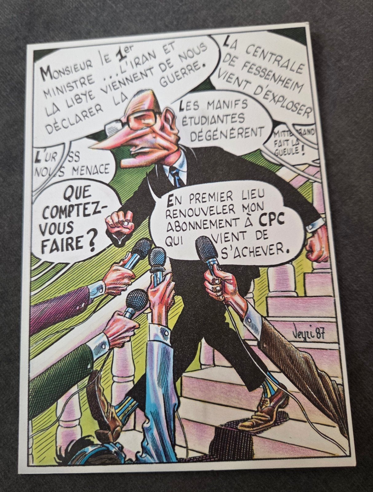 Vintage Franse politieke spotprent ansichtkaart 1987, Verzenden, 1980 tot heden, Ongelopen, Politiek en Historie