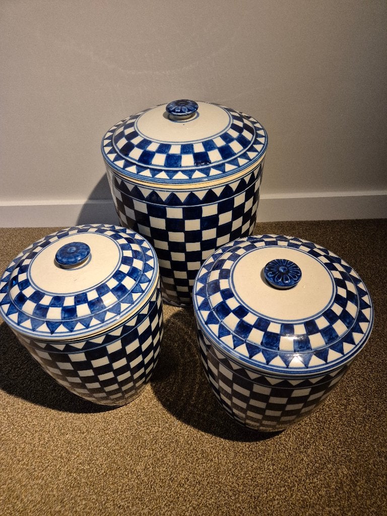 Set van 3 blauw-witte voorraadpotten met deksel, Ophalen, Nieuw, Voorraadpot, Steen/keramiek