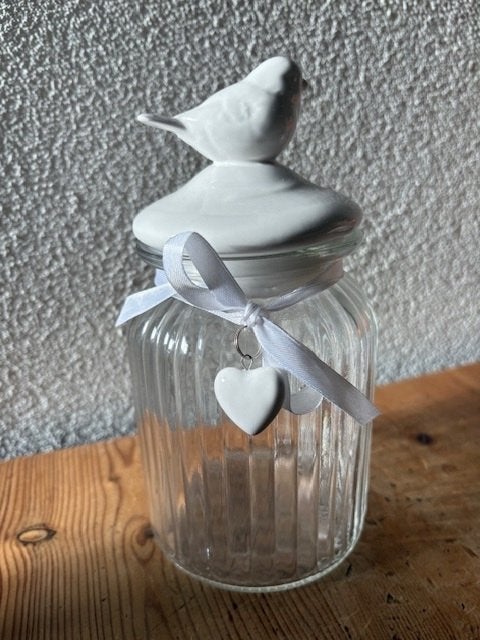 Glazen voorraadpot met vogel, Huis en Inrichting, Met deksel, Pot, Bus of Blik, Nieuw, Ophalen of Verzenden