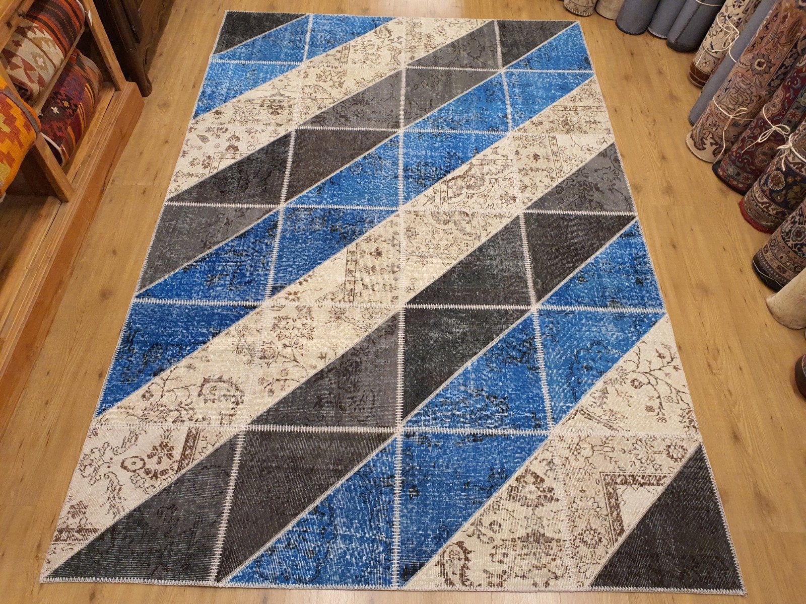 Vintage handgeknoopt oosters tapijt patchwork 300x200, Info@SlatsAntiek.nl, Tweedehands, 200 cm of meer, Ophalen of Verzenden