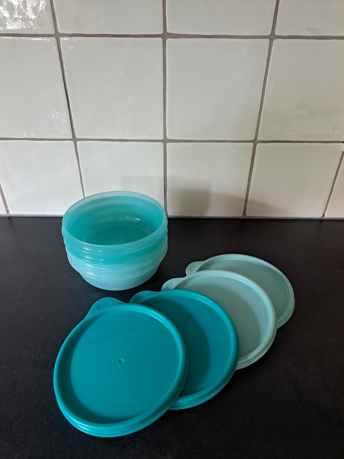 Tupperware kommen met deksels - 4 stuks, Ophalen of Verzenden, Gebruikt, Groen, Bak of Kom