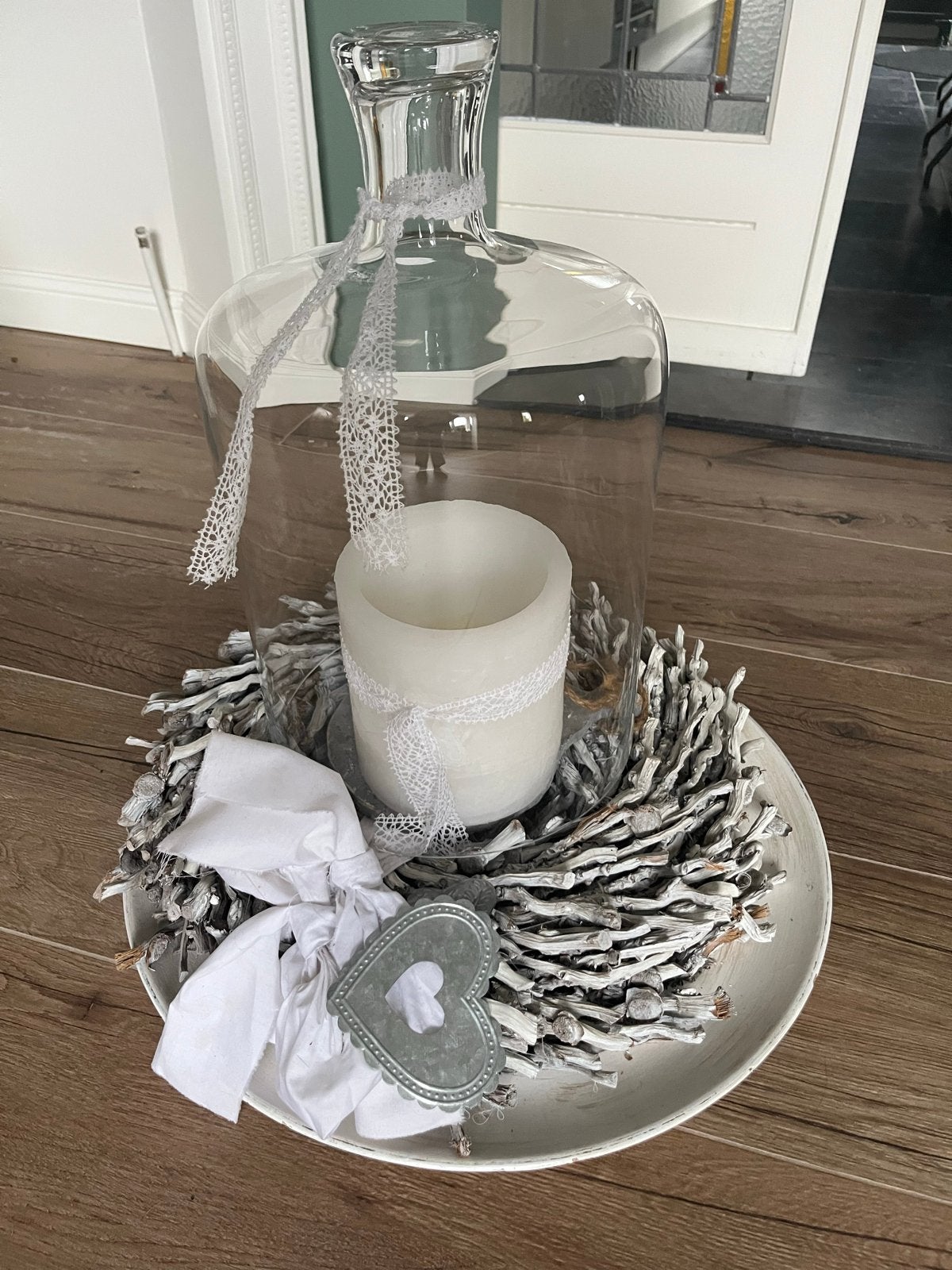 Landelijke stolp met kaars en decoratie, Huis en Inrichting, Woonaccessoires | Stolpen, Glas, Ophalen, Zo goed als nieuw, Inclusief decoratie
