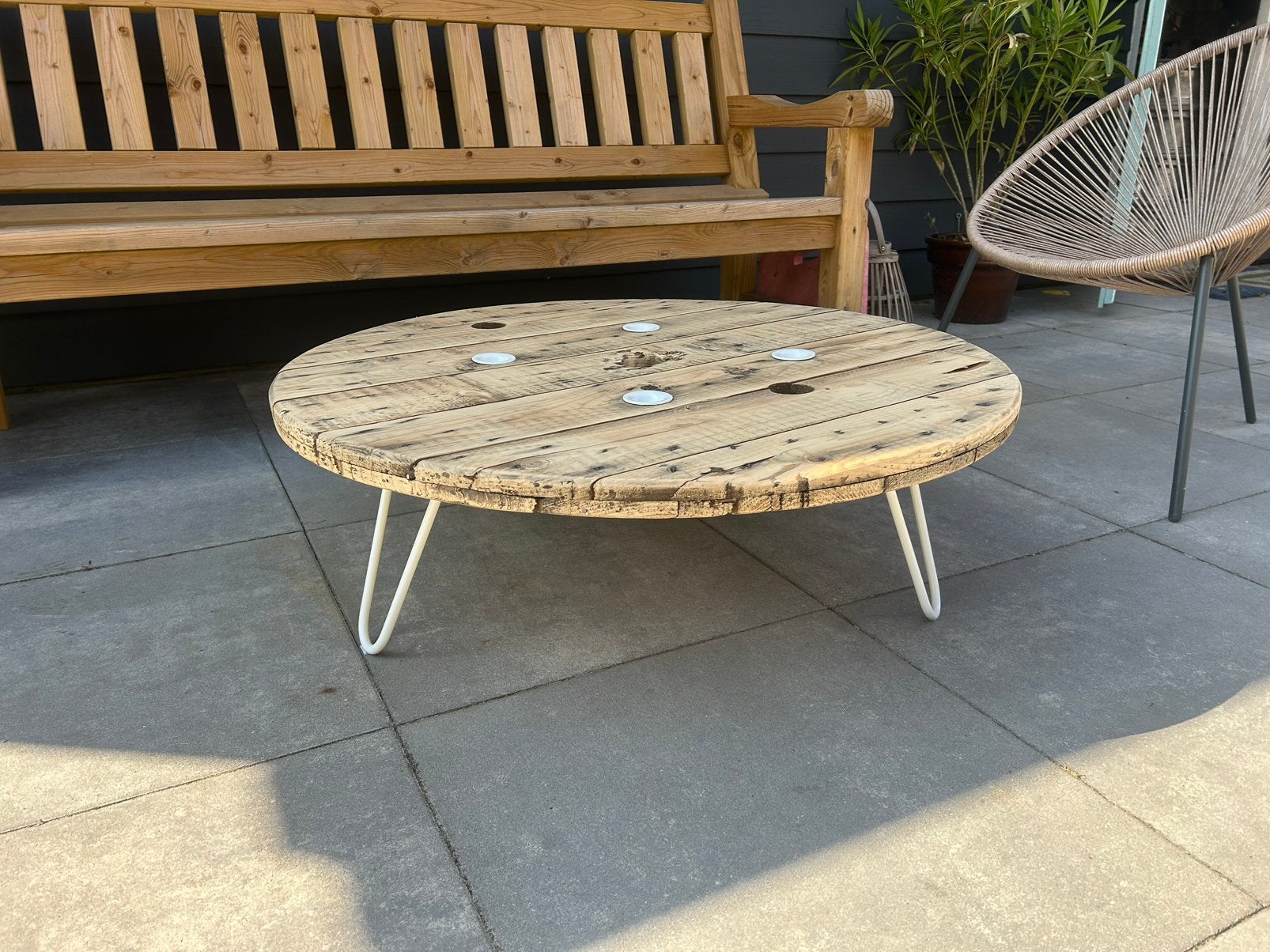 Ronde salontafel uniek / houten loungetafel rond hairpin, Ophalen, 50 tot 100 cm, Rond, Nieuw