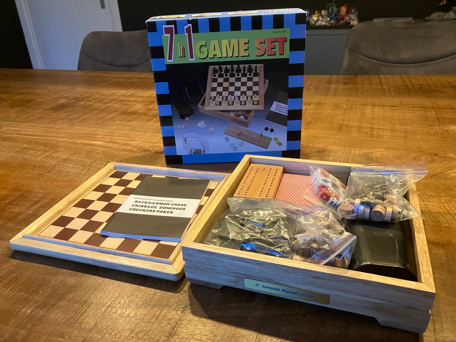 Complete 7-in-1 Spelset Hout: Schaken, Dammen, Backgammon, Een of twee spelers, Ophalen of Verzenden, Nieuw, Reisspel