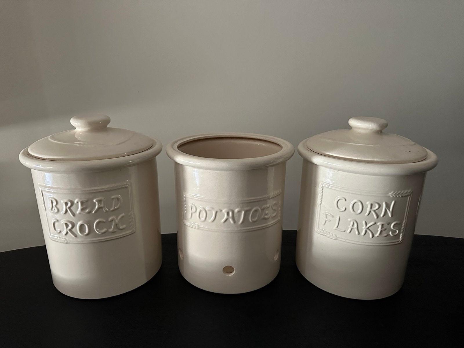Set van 3 Porseleinen Voorraadpotten: Brood, Aardappelen, Co, Gebruikt, Voorraadpot, Steen/keramiek, Ophalen