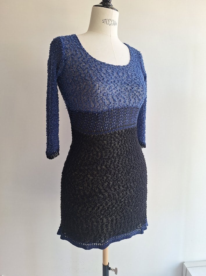 IEN & JAN boucle jurk knitwear vintage 90s blauw zwart 36/38, Blauw, Ophalen of Verzenden, Maat 36 (S), Gedragen