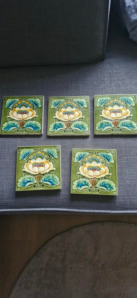 Set van 5 Art Nouveau tegels met lotusbloemmotief, Ophalen of Verzenden