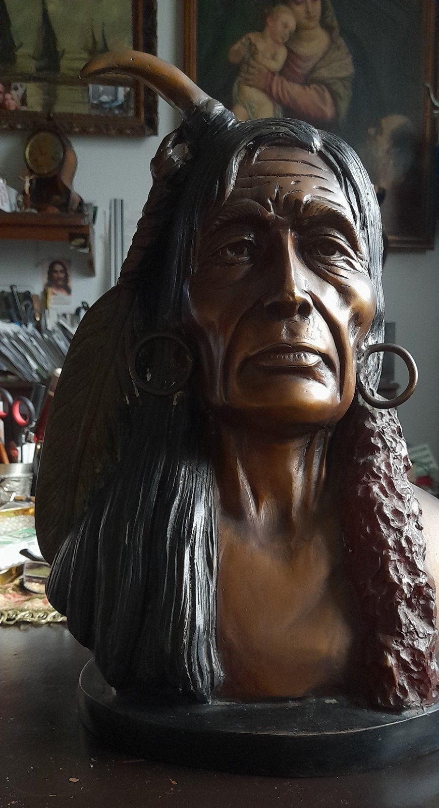metalen indianen hoofd beeld. 34cm, Ophalen of Verzenden, Gebruikt, Mens