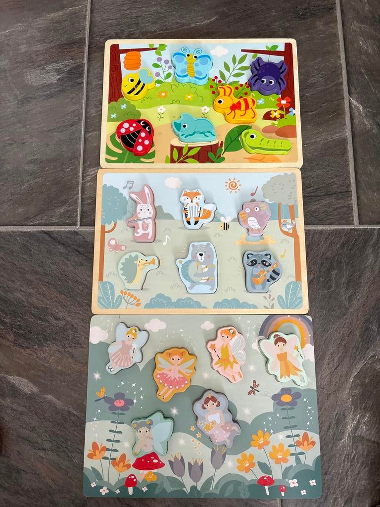 3 leuke houten peuterpuzzels: dieren, bosdieren en feeën, 2 tot 4 jaar, Gebruikt, Ophalen of Verzenden, Van hout