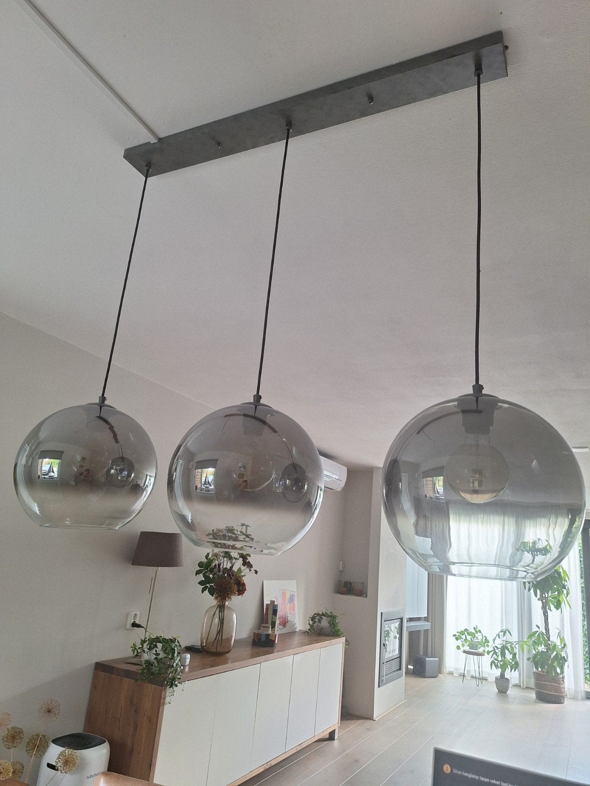 Moderne hanglamp met 3 glazen bollen, Gebruikt, Glas, Modern, E27 (groot)