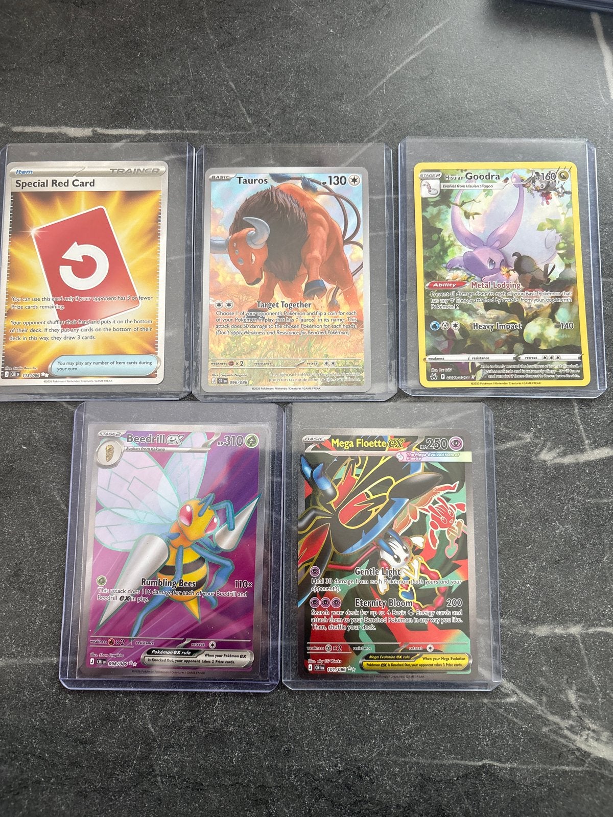 5 Pokémon kaarten: Special Red Card, Tauros, Goodra, Beedril, Ophalen of Verzenden, Zo goed als nieuw, Meerdere kaarten