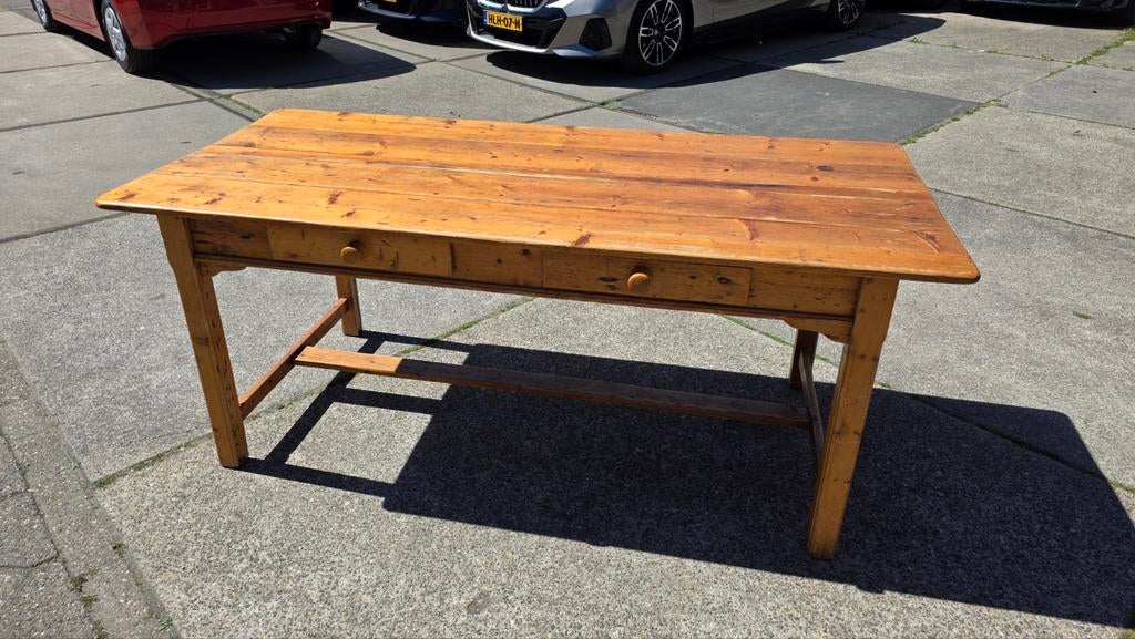Antieke Franse grenen boeren eettafel met 2 lades, Antiek en Kunst, Ophalen