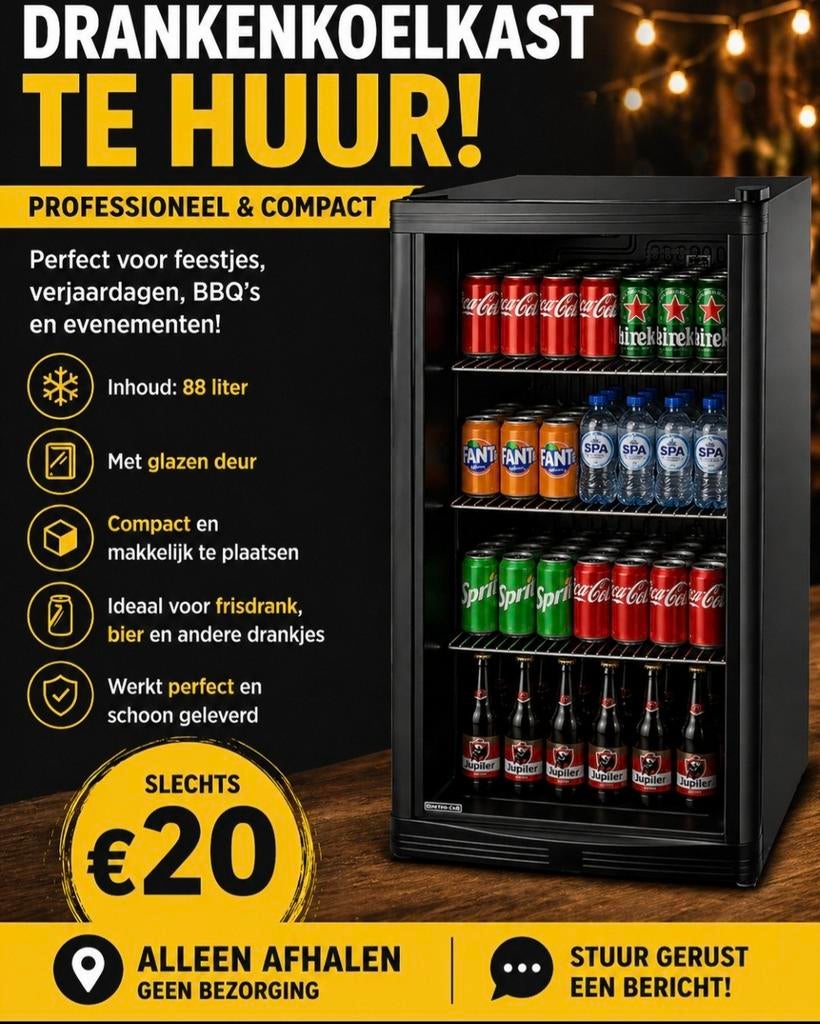 Drankenkoelkast huren  Professionele koelkast 88L  €20, Partygalaxyshop@hotmail.com, Partygalaxyshop, Ophalen of Verzenden, Partygalaxyshop